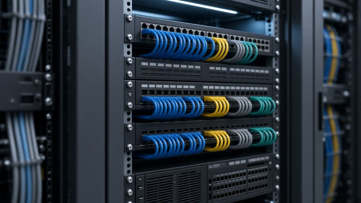 Neatly organized network switches and cabling